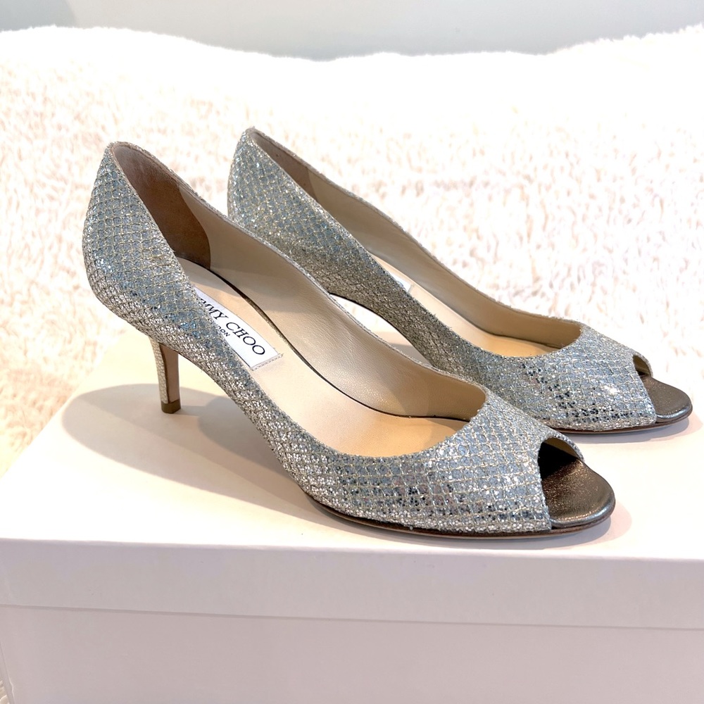 Jimmy Choo ISABEL Glitter Fabric Open Toe Pump Shoe 37.5